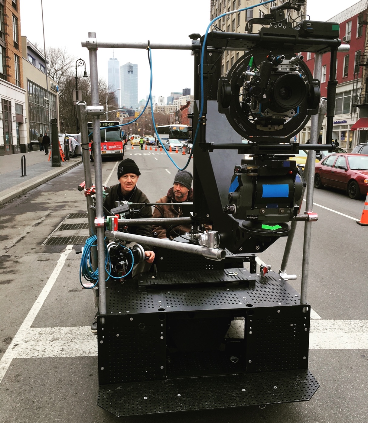 Camera dolly rig on a city street